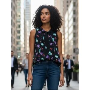 Elle Floral Tie Neck Sleeveless Blouse Black Multicolor Women's XS